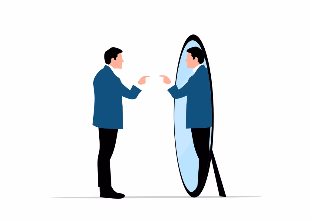 mirror, reflection, identity, confrontation, introspection, psychology, awareness, duality, conflict, understanding, perspective, recognition, observation, insight, evaluation, interaction, communication, interpretation