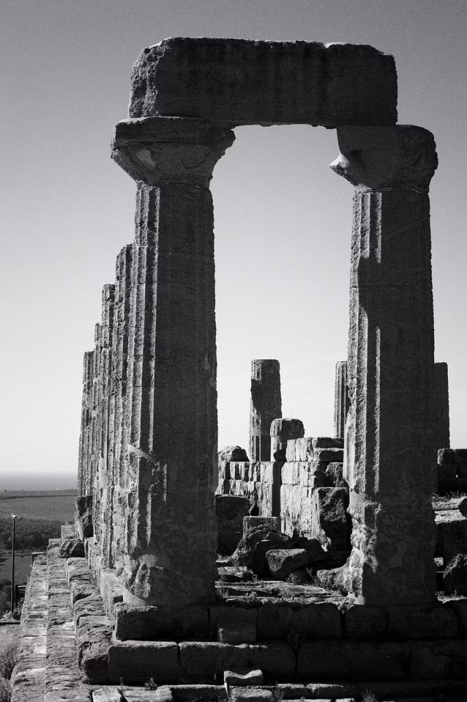 temple, greece, old, retro, black-and-white, culture, ancient, faith, romans, gods, sanctuary, statue, postcard, sicily, italy, sea, nature