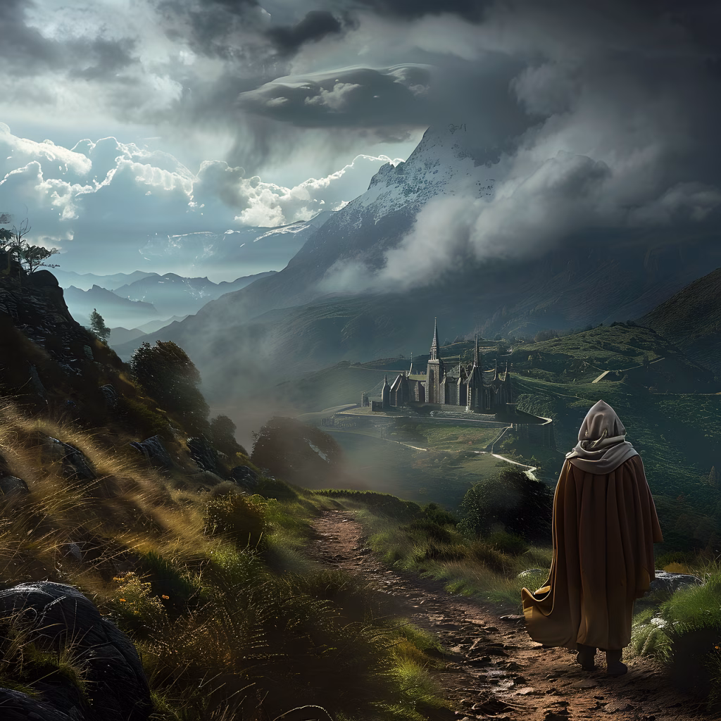 ai generated, pilgrim, tourism, nature, traveler, way, man, pilgrimage, country, prophet, person, walking, holiday, monk, forest, fog, adventure, travel, mountains, sky, clouds, panorama, dusk