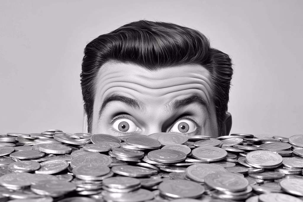 ai generated, man, coins, money, surprised, eyes, wealth, greed, black-and-white, fortune, rich, expression, eyebrows, hair, pile, finance, savings, excitement, shock, economics